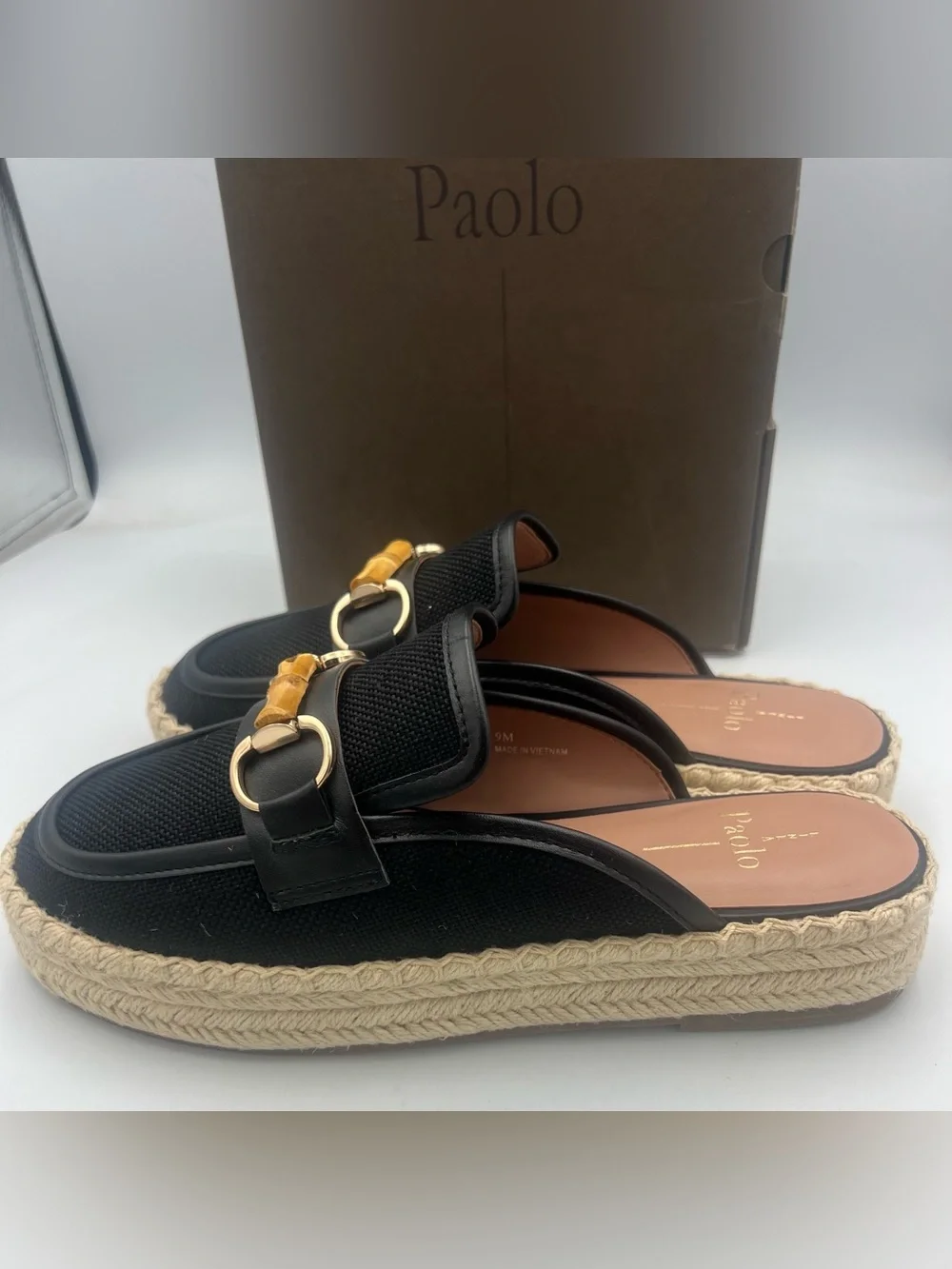 Linea Paolo Shiloh Bamboo Espadrille Mules Black w/Nappa Leather Trim Size 9 NWB